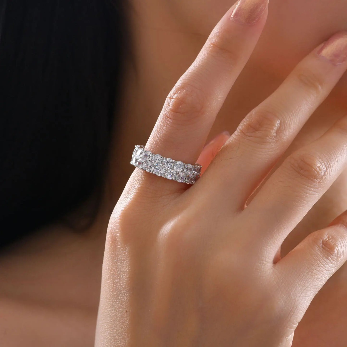 MuShan Jewelry Factory Circular White 3.5mm High Carbon Diamond 0.2 Carat Ring With Double Rows of Full Diamonds