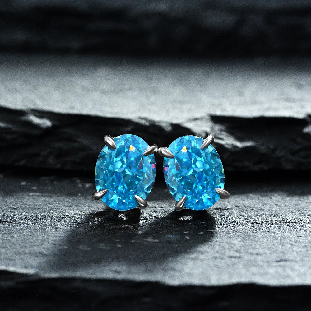MUSHAN Jewelry Factory 925 Silver 7*9 Sea Blue High Carbon Diamond Earrings Popular European and American Fashion Accessory