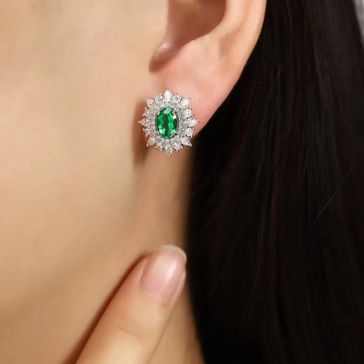 Gemfiori Oval Shape Vintage Lab Grown Emerald Drop Earrings 925 Sterling Silver Rhodium Plated Gift Jewelry