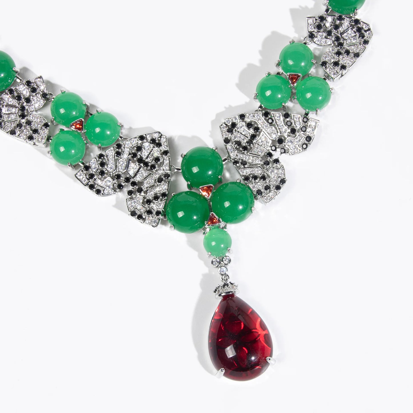Luxury Jade & Cubic Zirconia Flower Pendant Necklace & Earrings Set — Green & Purple