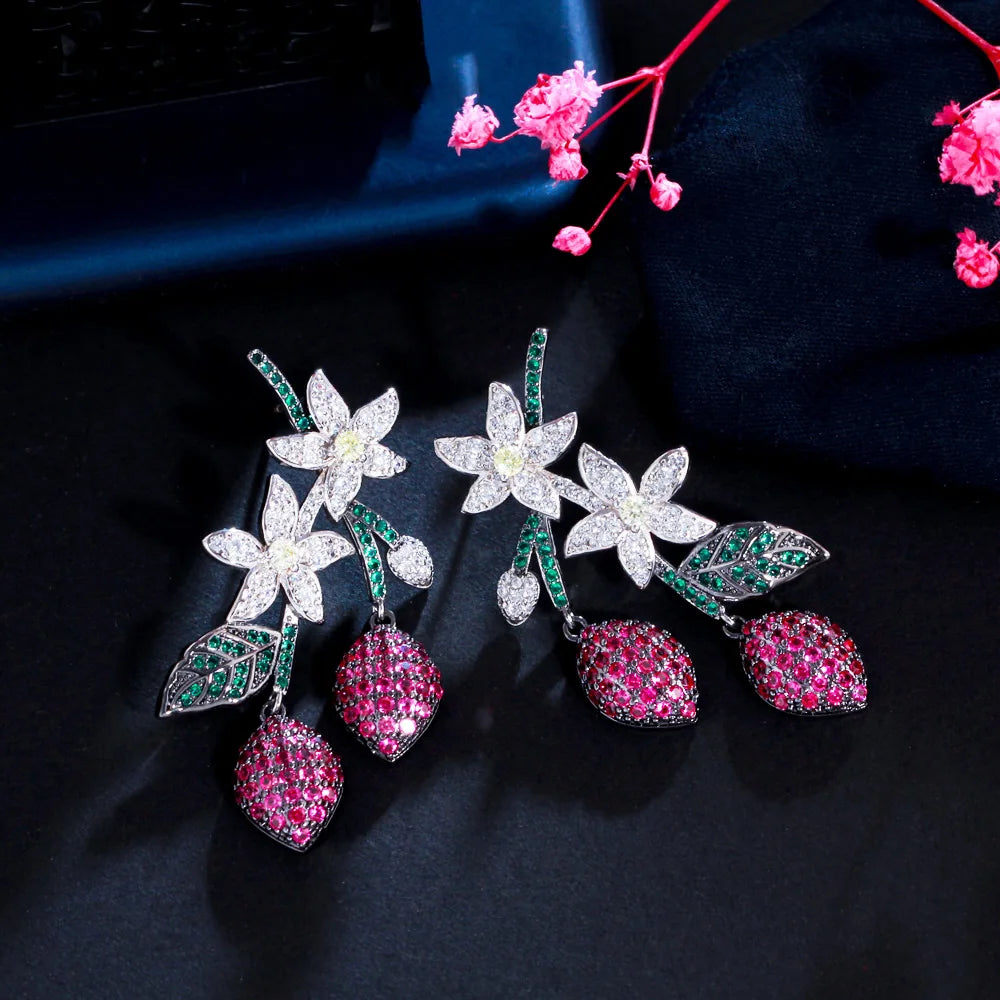 S&S Red CZ Flower Leaf Water Drop Dangle Earrings | Two-Tone | 925 Pin | NewLife