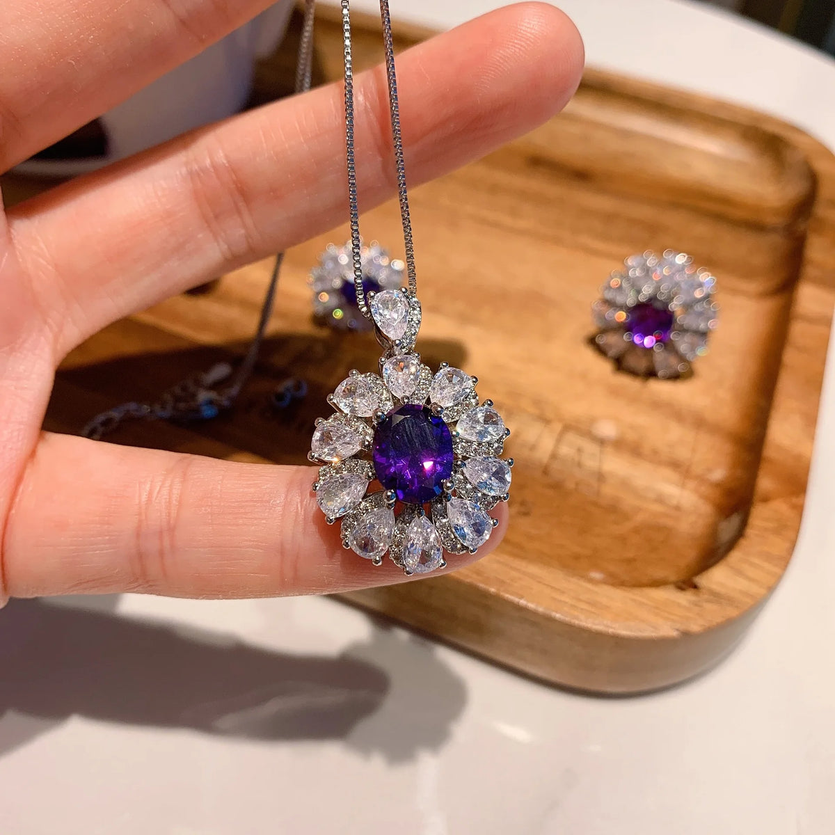 Gemfiori Luxury Jewelry Style Three Piece Set Purple Orchid Zircon Ring Light Luxury Pendant Temperament Earring Accessory
