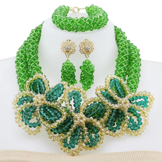 Zhuerrui Green and Gold Beaded Jewelry Set Vintage and Unique Jewelry, Luxury Beaded Jewelry for Evening Dresses YL131