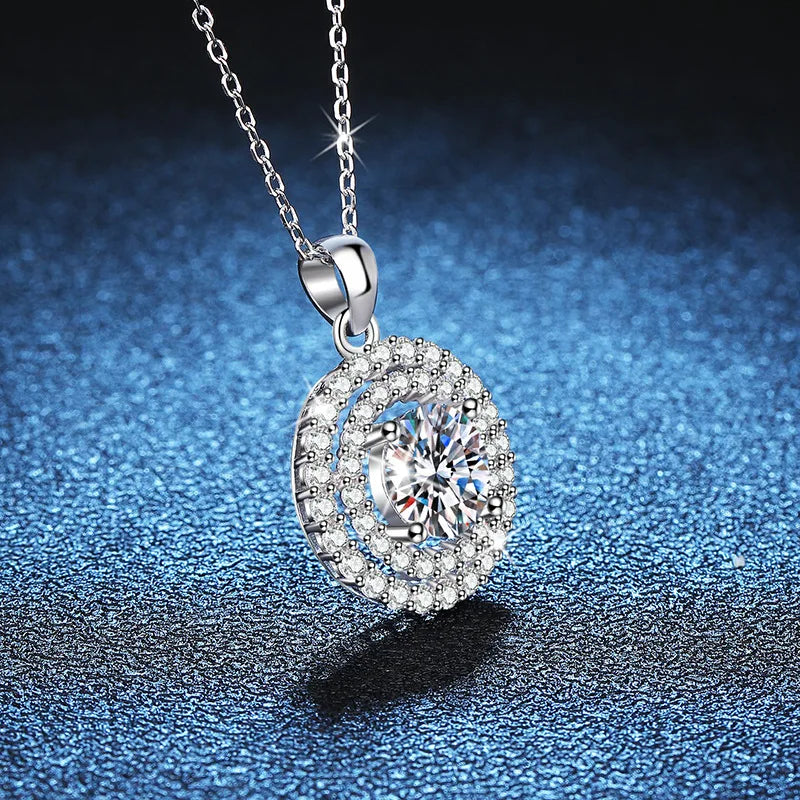 Dainty Double Halo Set Round Cut 1ct VVS GRA Colored Moissanite Jewelry Trendy 925 Sterling Silver Disc Pendant Necklace