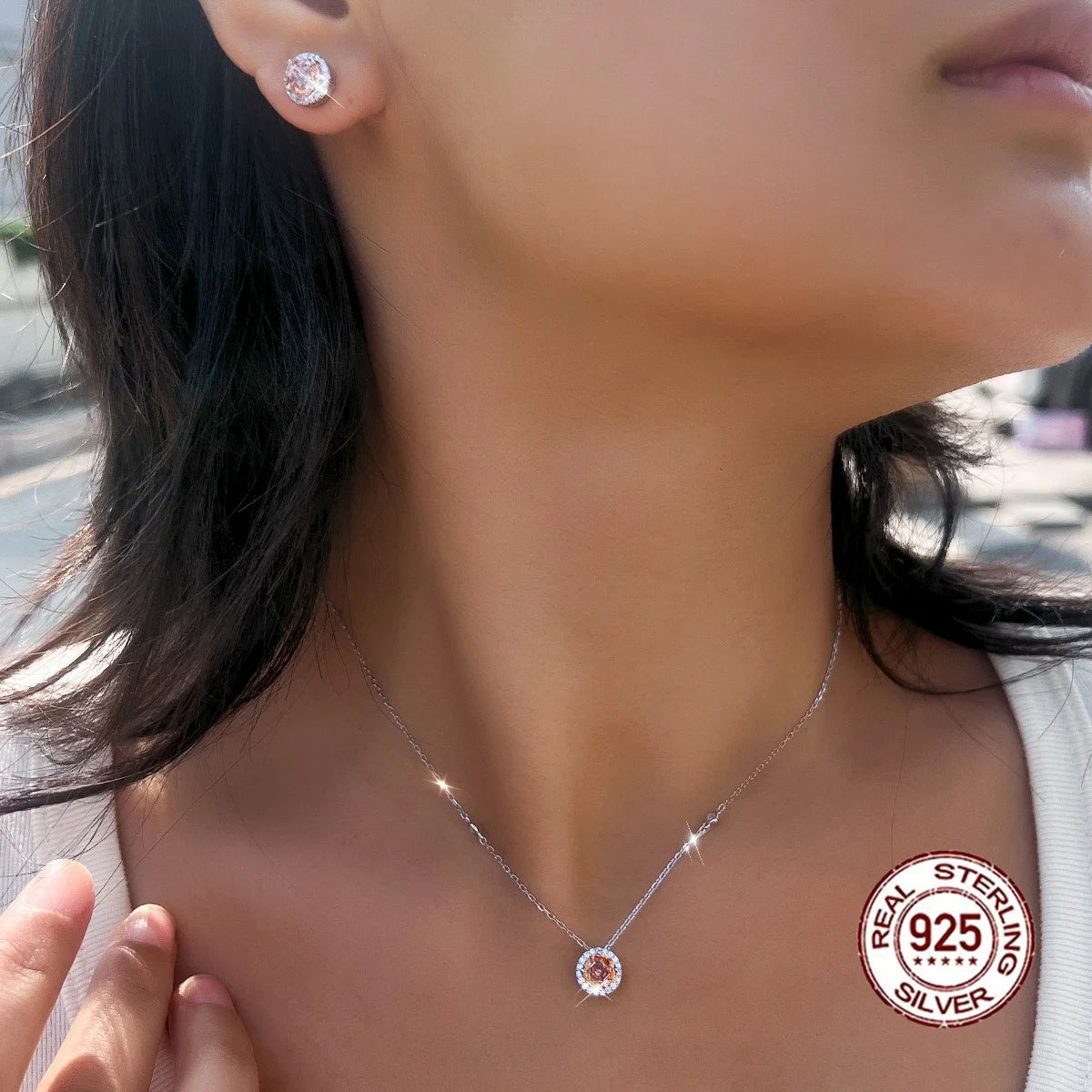 Luxurious S925 Silver Champagne Rose Flower Cut Cubic Zircon Round Design Necklace and Earring Jewelry Set for Girls Party Gifts