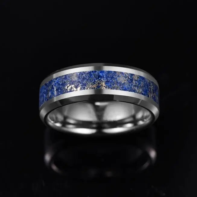 Wholesale 8mm Width Chamfer Polish Inlaid Lazurite Natural Stone Men's Tungsten Ring Jewelry