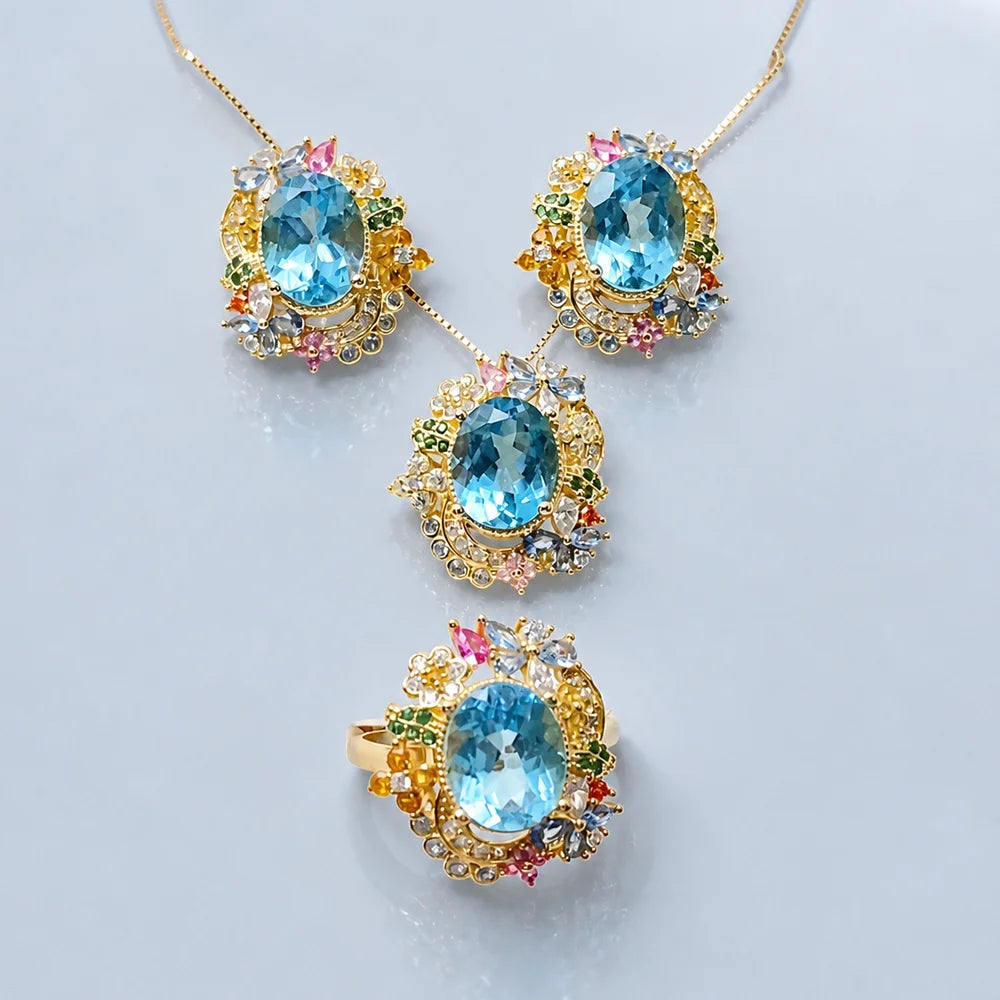 Gioiellieri New 925 Silver Gold Plated Pear Cut Natural Topaz Luxury Fashion Gemstone Jewelry Sets High Quality for Women Parties Engagement