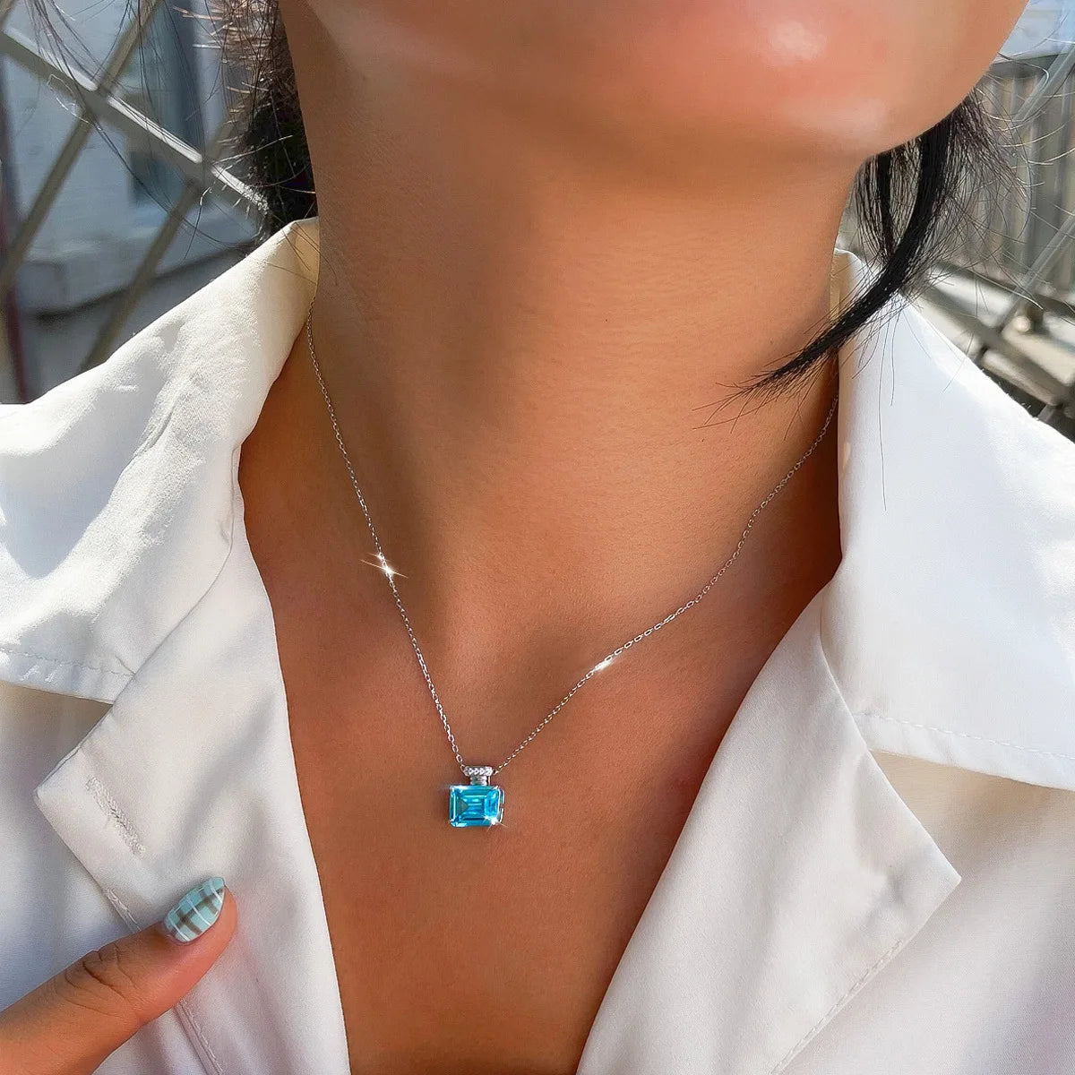 S&S Aqua Blue CZ Emerald Cut Pendant Necklace & Stud Earrings Set | 925 Silver Rhodium Plated | S&S Collection