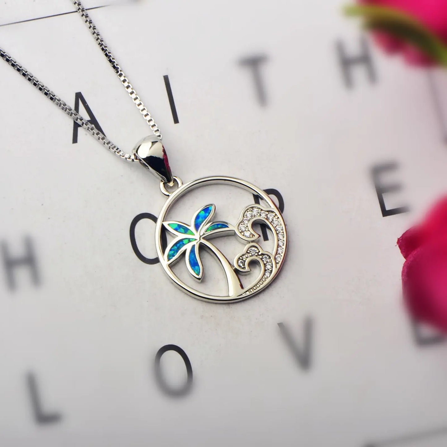 Summer Blue Opal Pendant Necklace | Trendy Silver Plated Brass Box Chain Minimalist Coconut Tree Design for Women's Anniversary