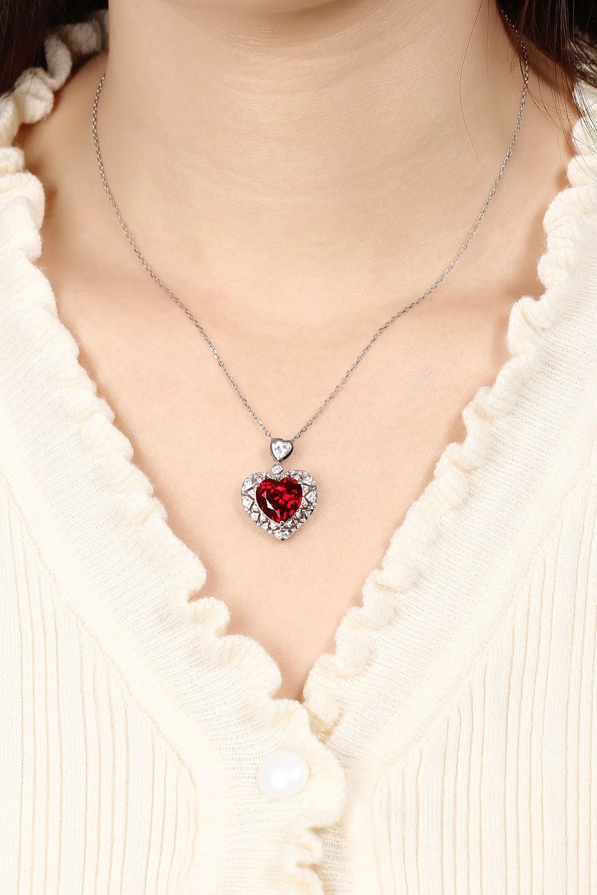Gemfiori 925 Sterling Silver Heart Pendant Necklace for Women Lab Grown Ruby Necklace Wedding Party Fine Jewelry Custom