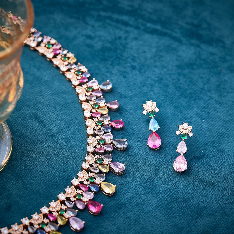 Retro Luxury Women's Fashionable rainbow Jewelry Necklace Earring Set Brass Cubic Zirconia Luxury Dinner Pairing