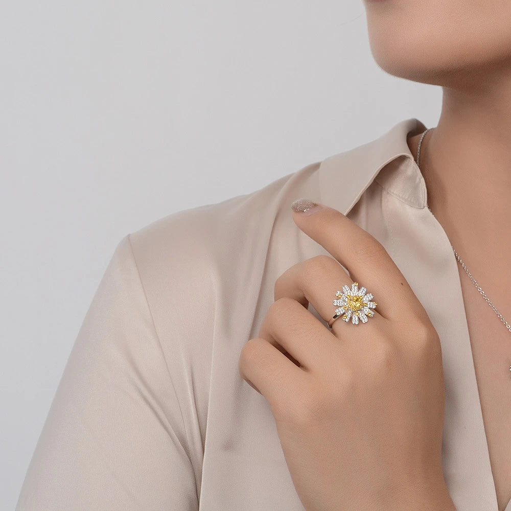 MuShan Jewelry Factory S925 Square 4*4 Floral Jewelry for Women Fashionable Personalized Luxurious and Creative Daisy Ring