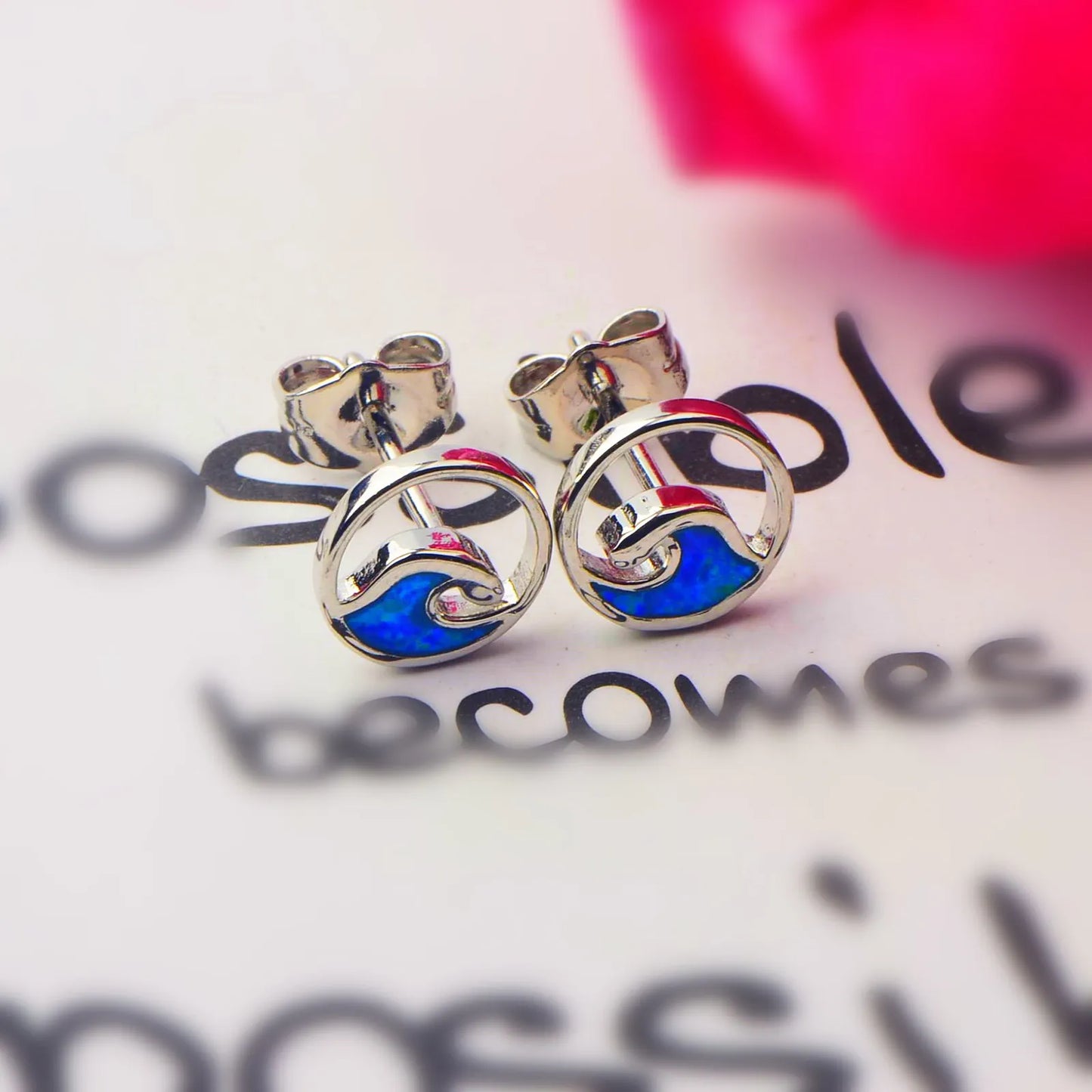 Ocean Wave Opal Stud Earrings - Blue Fire Opal Inlaid Circle Wave Design | Coastal Minimalist Jewelry Bulk Gifts