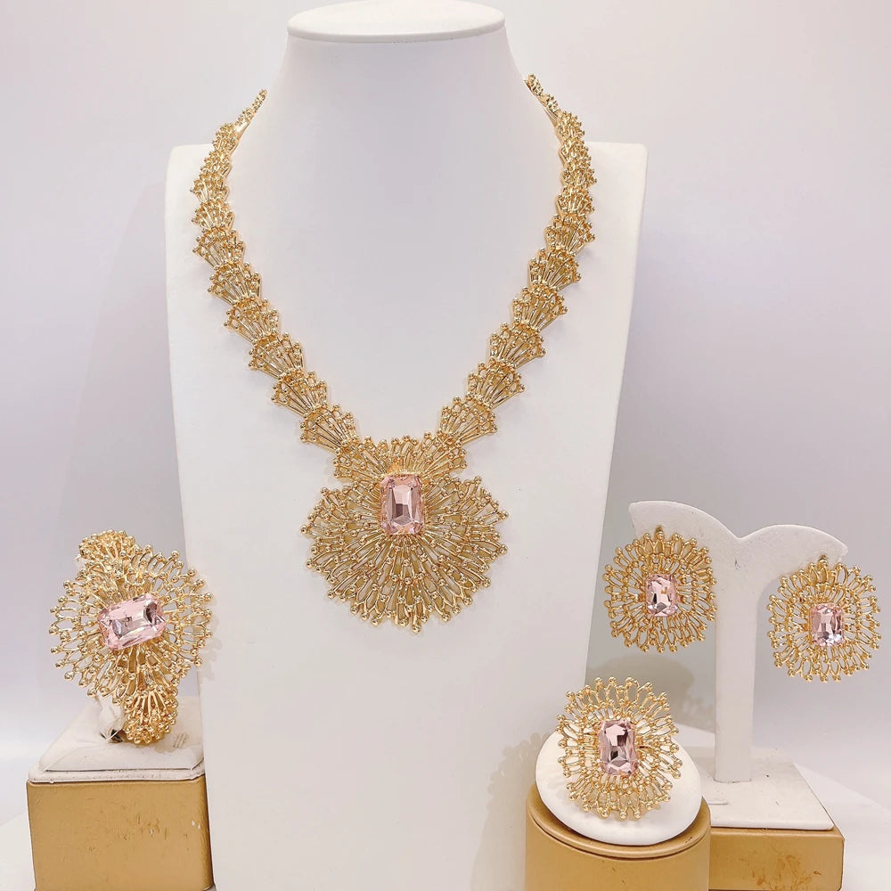 Zhuerrui Vintage Sunflower Gold Plated Jewelry Set Emerald Pink Stone Women Necklace Earrings Bracelet Ring for Banquet I0088