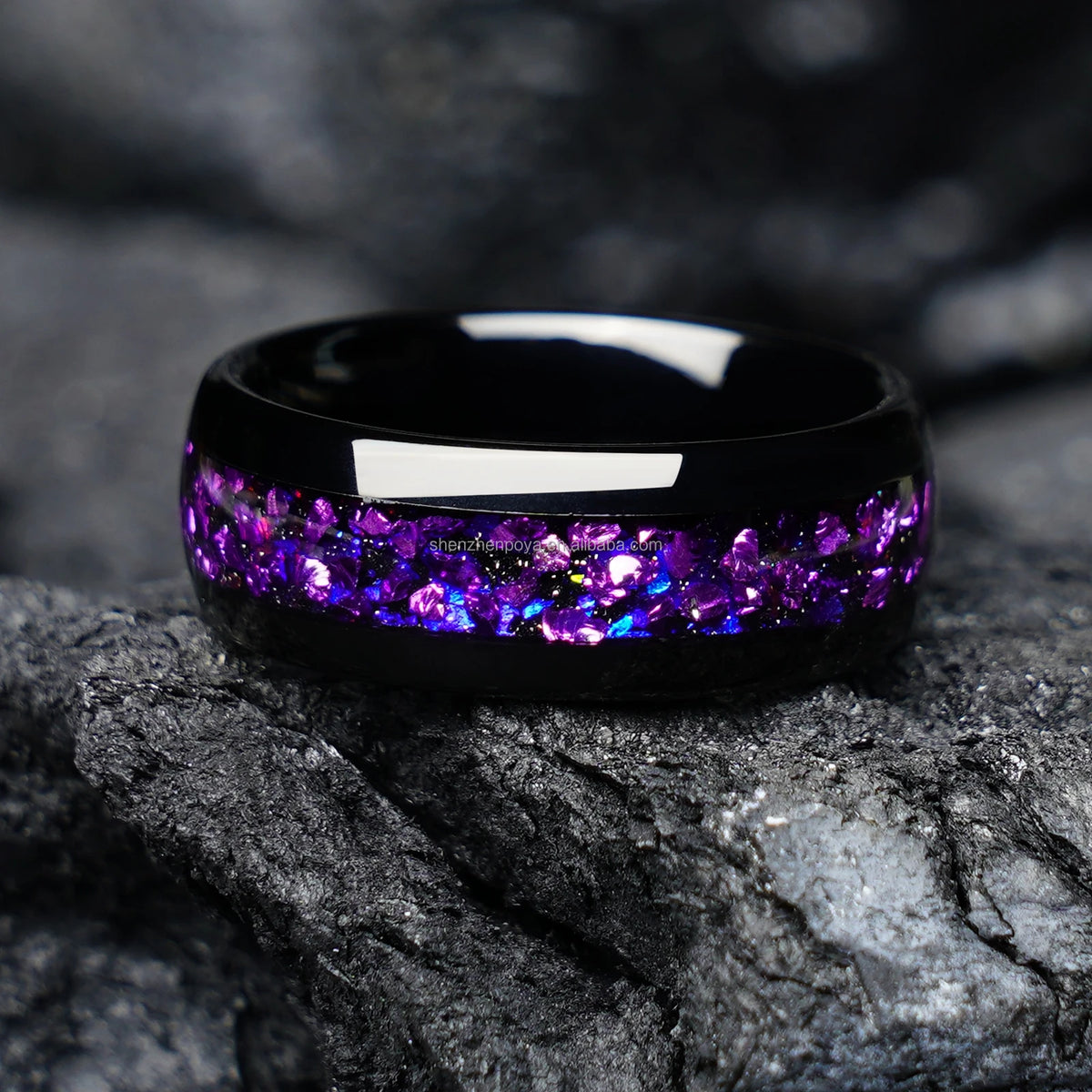 REBEL Electro Black Tungsten Wedding Ring 4mm 8mm Purple Galaxy Gemstone Inlay Anti Tarnish Promise Band Party Jewelry