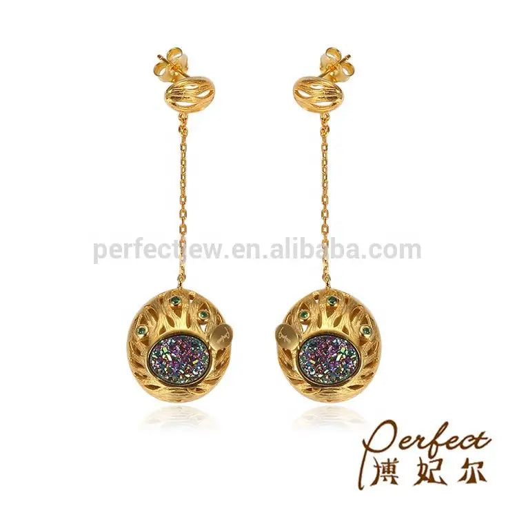 18k Gold Lovely Charm Handmade 925 Silver Dangle Gold Plated Long Hanging Dangle Earrings
