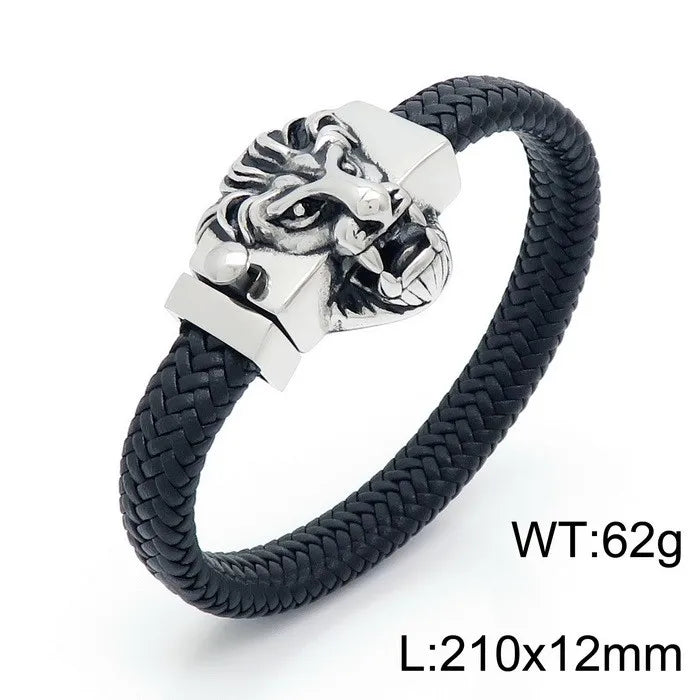 KALEN Men Punk Fashion Bracelets Fine Stainless Steel Leather Wolf Skull Bracelet Bangles