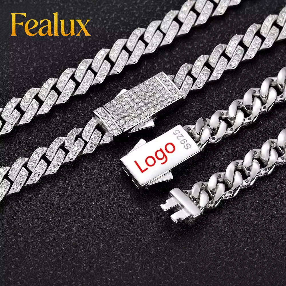 Fealux Pass Diamond Tester 8mm Two Rows Pass Diamond Tester Iced Out Hip Hop VVS1 Moissanite Cuban Link Chain Necklace Set