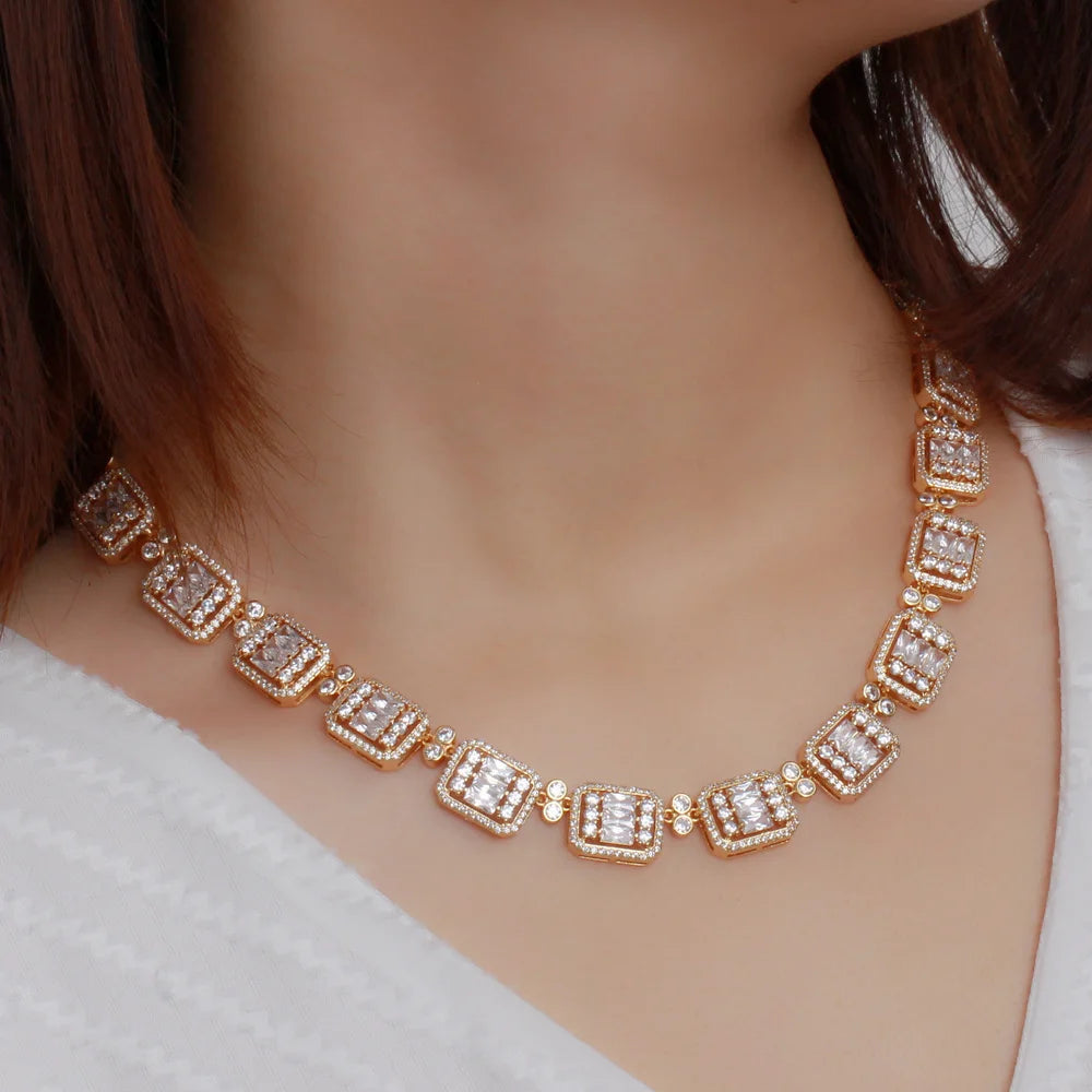 2022 High Quality 3pcs 18k Gold Plated African Nigerian Cubic Zircon Square Party Necklace Earrings Bridal Wedding Jewelry Set