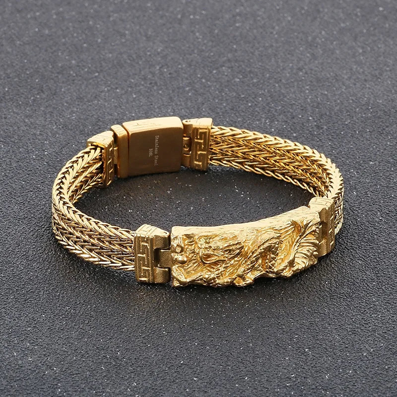 KALEN 22cm Punk Stainless Steel Bracelet Chinese Dragon Pattern Chain Men Bracelet