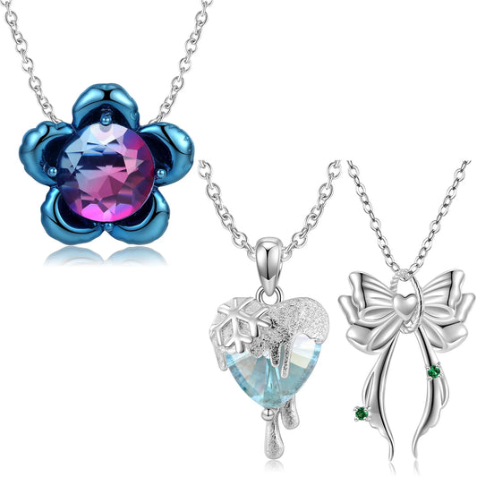 S&S Flower & Heart Crystal 925 Silver Pendant | Zircon Charm Necklace Accessory | S&S Collection