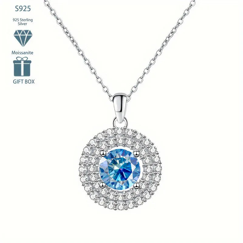 Dainty Double Halo Set Round Cut 1ct VVS GRA Colored Moissanite Jewelry Trendy 925 Sterling Silver Disc Pendant Necklace