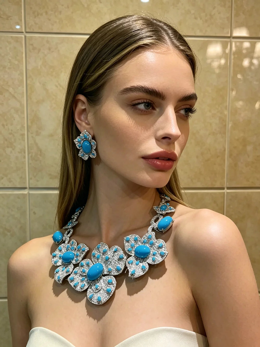 XM S413 Silver Plated Large Floral Turquoise & Rhinestone Choker Necklace & Square Drop Earrings Set
