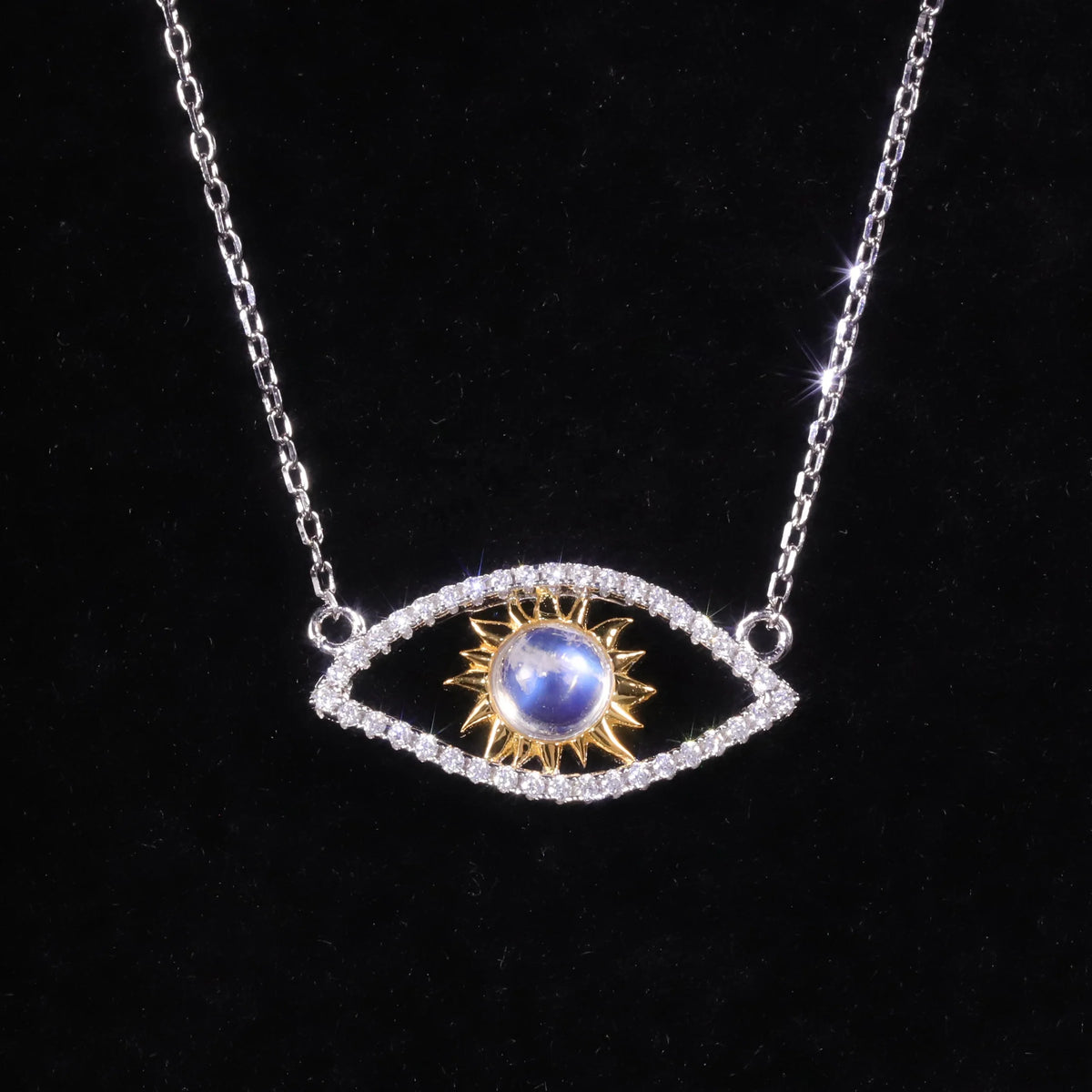 ArtistA C8181 Abiding Fashion Fine Jewelry White Cubic Zirconia Devil Eye 925 Sterling Silver Necklace with Natural Moonstone