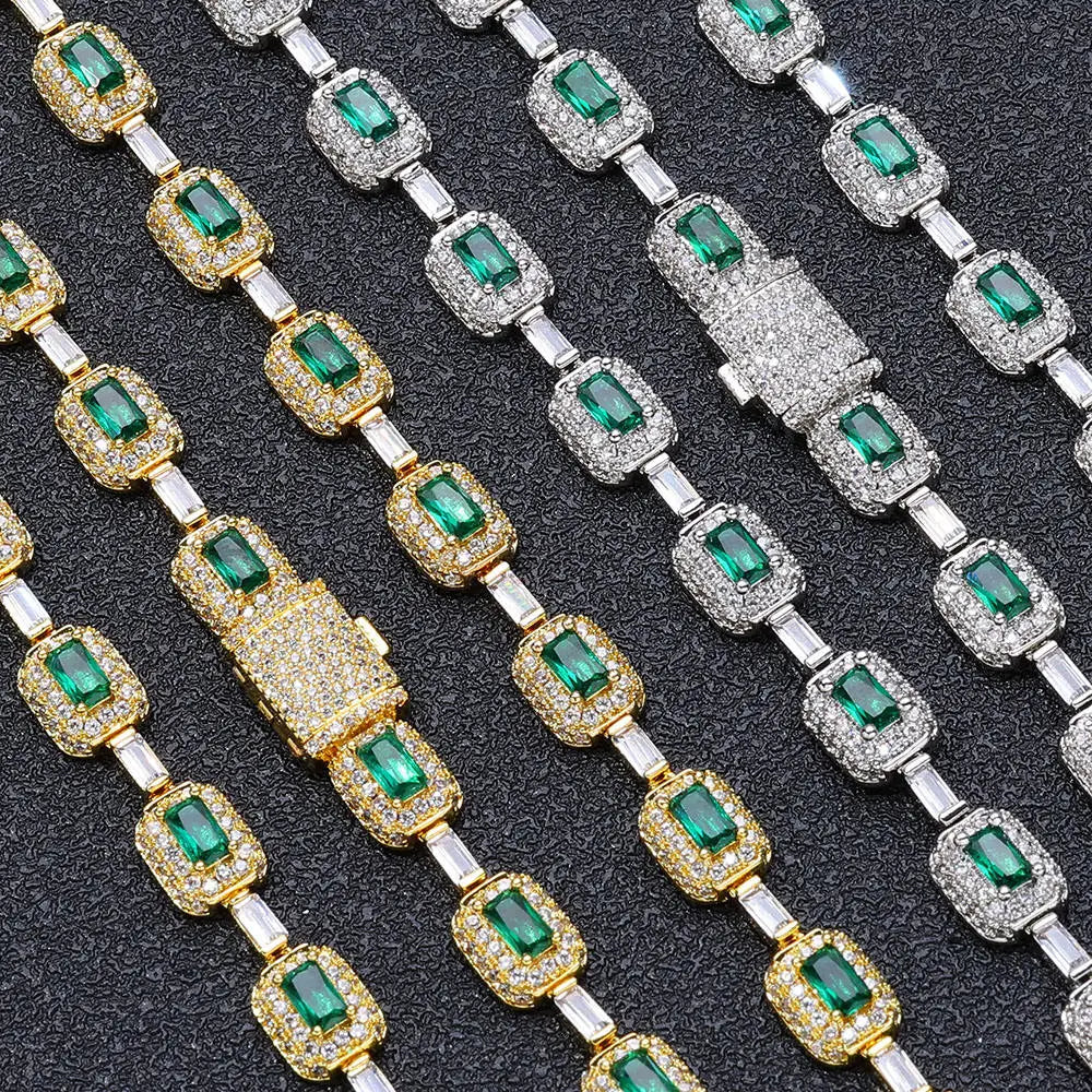 Luxury Bling CZ Tennis Necklace for Men and Women Geometric Link Chain with Classic Emerald Zircon Charm
