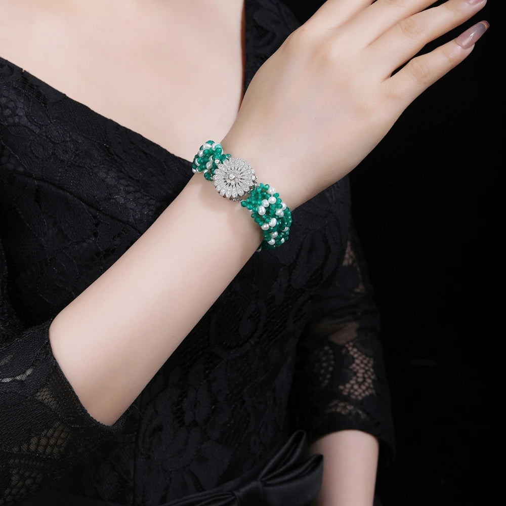 SILVERELLI Green Agate & Pearl Bracelet | S925 Sterling Silver | 18K Gold Plated | Freshwater Pearls