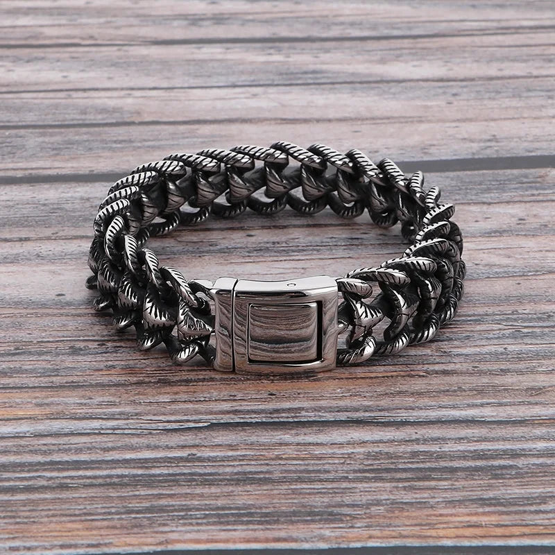 KALEN Men Vintage Matte/Polished 220mm Stainless Steel Striped Links Bracelet
