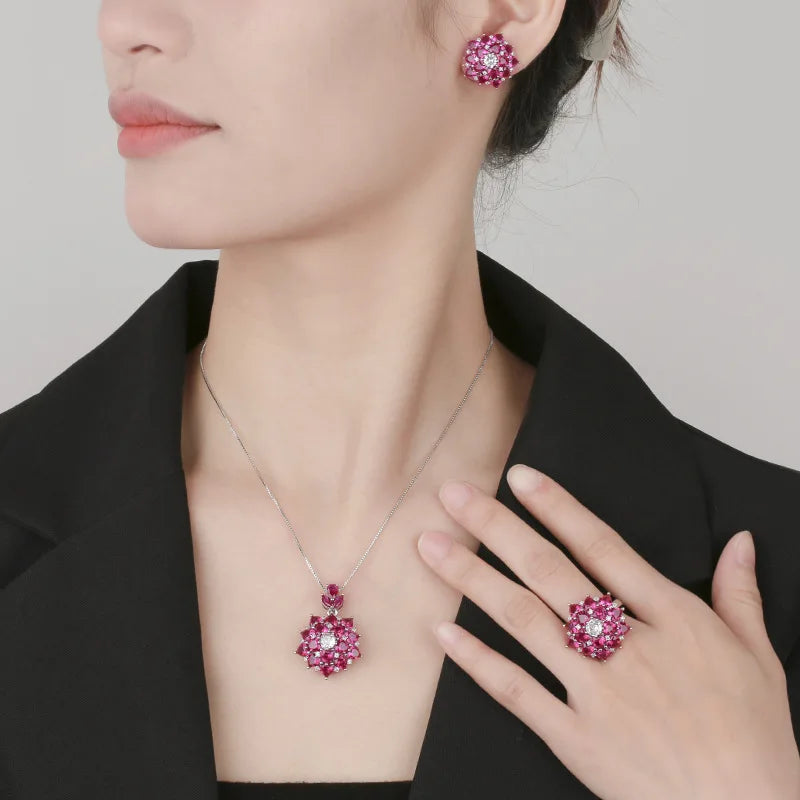 Gemfiori Fashionable Temperament Light Luxury Full of Exquisite Zirconium Elements Brass Micro Inlaid Earrings Necklace Ring Set