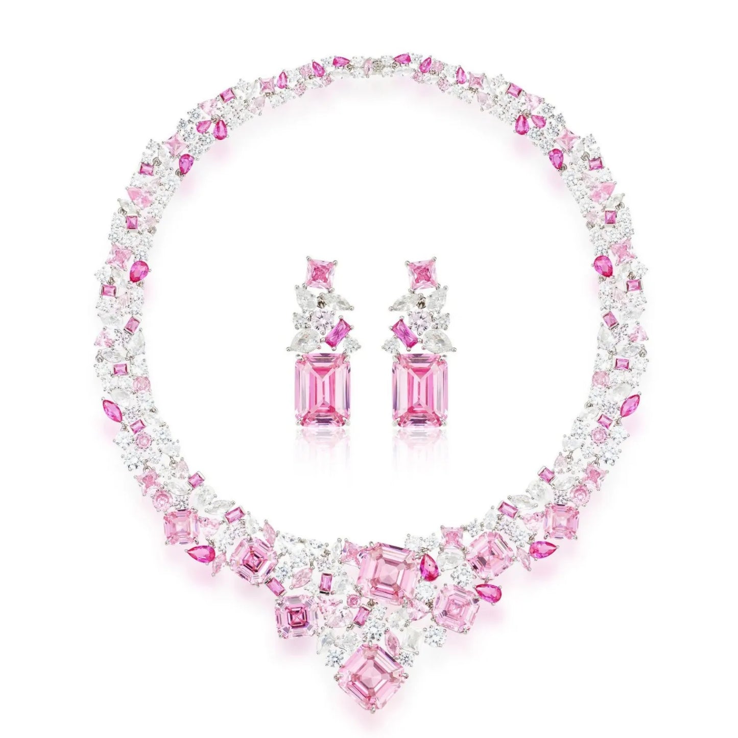 Sparking Pink Purple Yellow Top High 5A Zirconia Full Paved Star River Design Necklace Earring Set Women Evening Gown Accessory