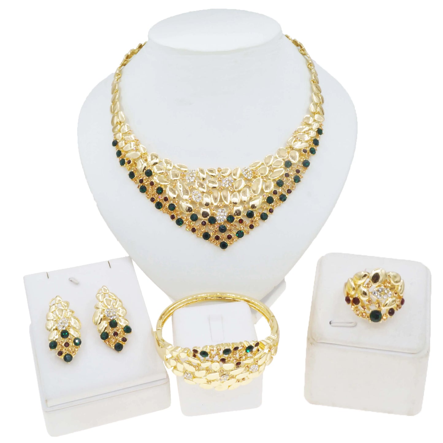 Zhuerrui African Cheap Gold Luxury Jewelry Sets Green Red Diamond Necklace Jewelry Set Factory Women's Birthday Gifts HN23001