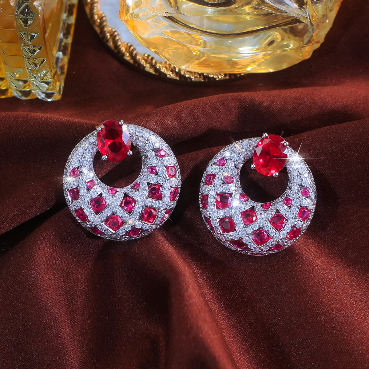 S&S Pink Red CZ Big Round Dangle Drop Earrings – Rhodium Silver Plated – Collection