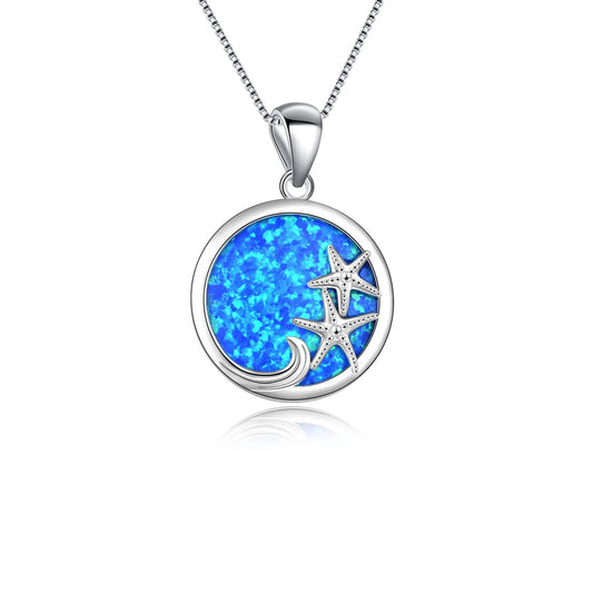 Eu Style Copper Opal Pendant Necklace-Blue Ocean Starfish Design Trendy Link Chain Sweater Chain Jewelry
