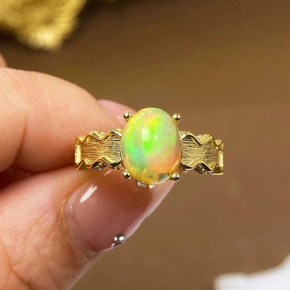 Gioiellieri Natural Ethiopian Opal Ring with S925 Sterling Silver Elegant Multi Color Gemstone Jewelry October Birthstone Gift