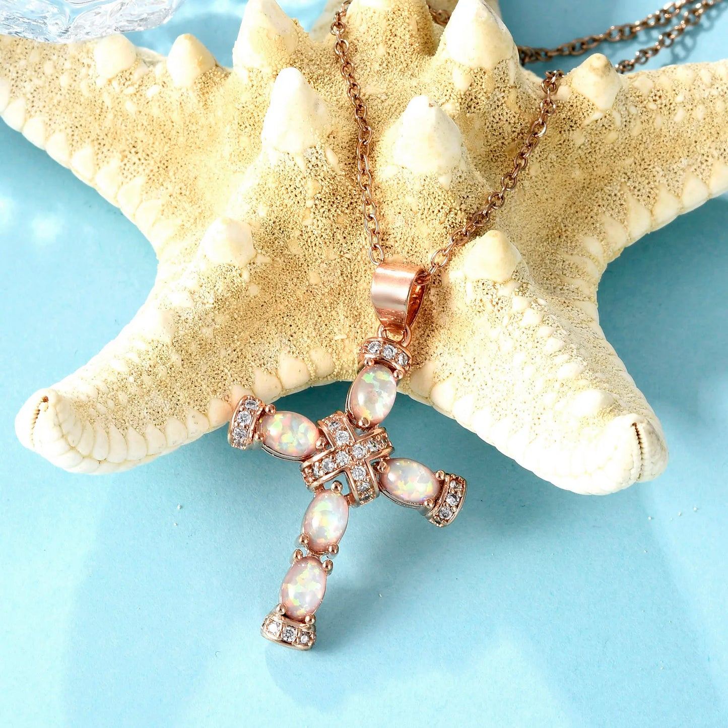 TikTok & Instagram Fashionable Sporty Brass Alloy Cross-shaped Opal Pendant Necklace for Parties