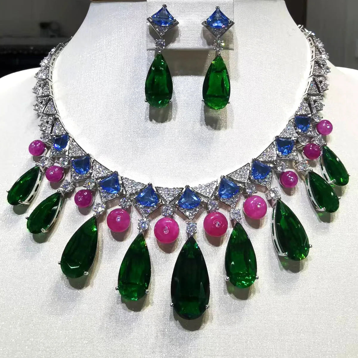 African Bridal Cubic Zirconia Statement Necklace & Earrings Set — Silver & Rose Gold