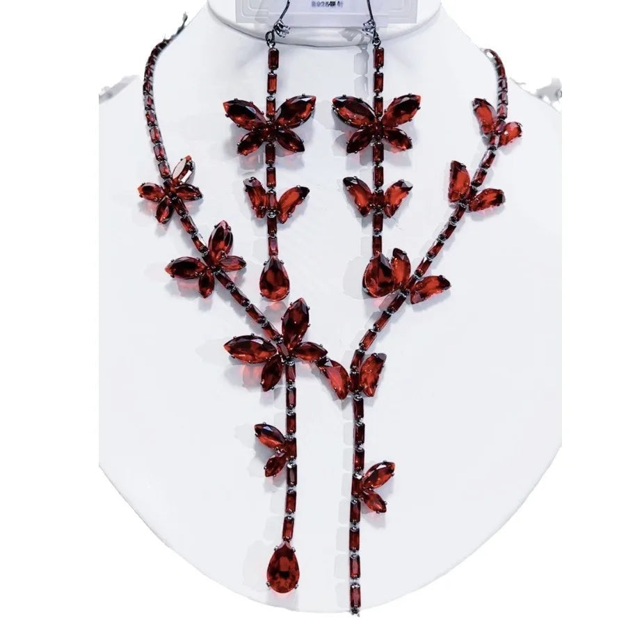 K069 Top Quality European Fashion Luxury Exquisite Pink Zircon Butterfly Necklace and Earrings Set Women Elegant Jewelry Set