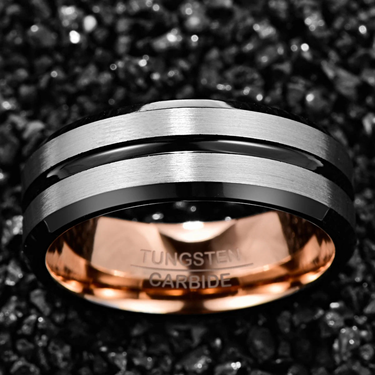 Wholesale 8mm Width Chamfer Plated Rose Golden Black Middle groove Men's Tungsten Ring Jewelry