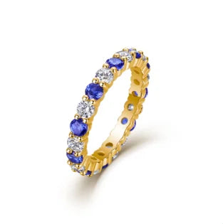 Blue Sapphire and Moissanite Alternating Full Eternity Ring 925 Silver Prong Set Stackable Wedding Band