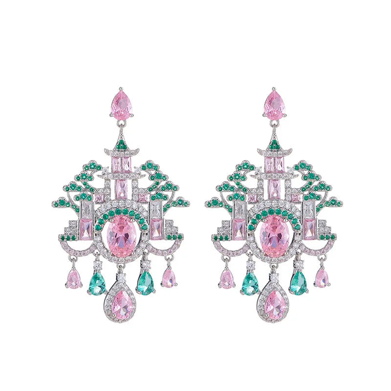 Elegant Retro Palace Tassel Earrings New Chinese Pavilion Tower Design Full Inlay Color Zircon Luxury Earrings