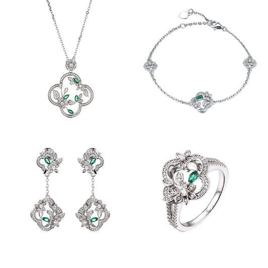 Wholesale Fine Jewelry Set  Lab Created Nano Gemstone 925 Silver Necklace Earrings Bracelet Rings St.Patrick's Day Gift