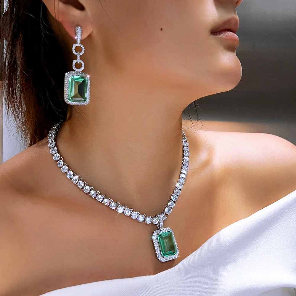 Luxury Big Blue Square Shaped CZ Stone White Tennis Necklace and Earrings Set Women Wedding Party Pendant Jewelry Accessories
