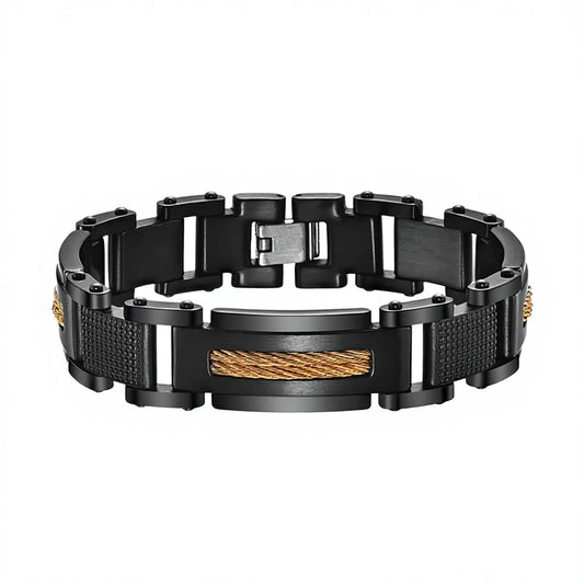REBEL Men's Stainless Steel Black Zinc Plated Two-Tone Geometric Chain & Link Bracelet for Anniversary