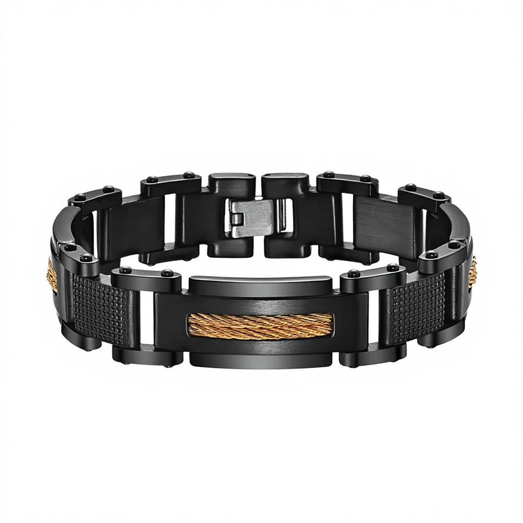 REBEL Men's Stainless Steel Black Zinc Plated Two-Tone Geometric Chain & Link Bracelet for Anniversary