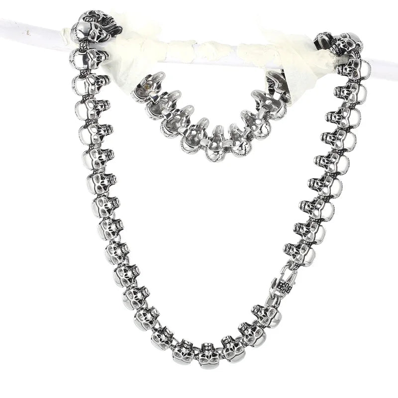 REBEL Punk Skull Links Bracelet & Necklace Set – Silver