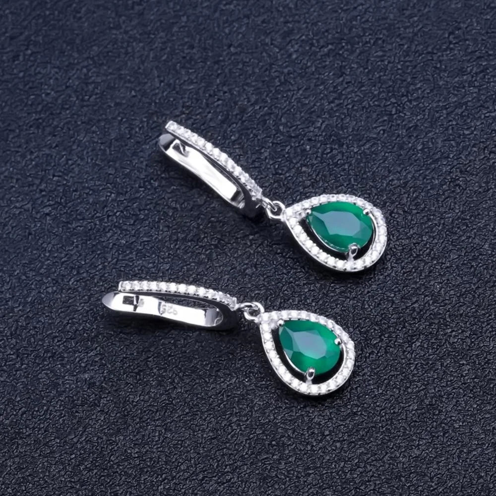 ArtistA Delicate Elegant 925 Sterling Silver White CZ Natural Pear Green Agate Stone Halo Earrings Stone Drop Earrings Jewelry