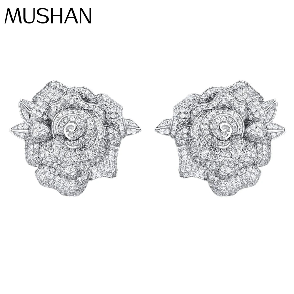 MUSHAN Jewelry Factory S925 Sterling Silver Rose Stud Earrings Electroplated Gold High Carbon Diamond Light Luxury Accessories